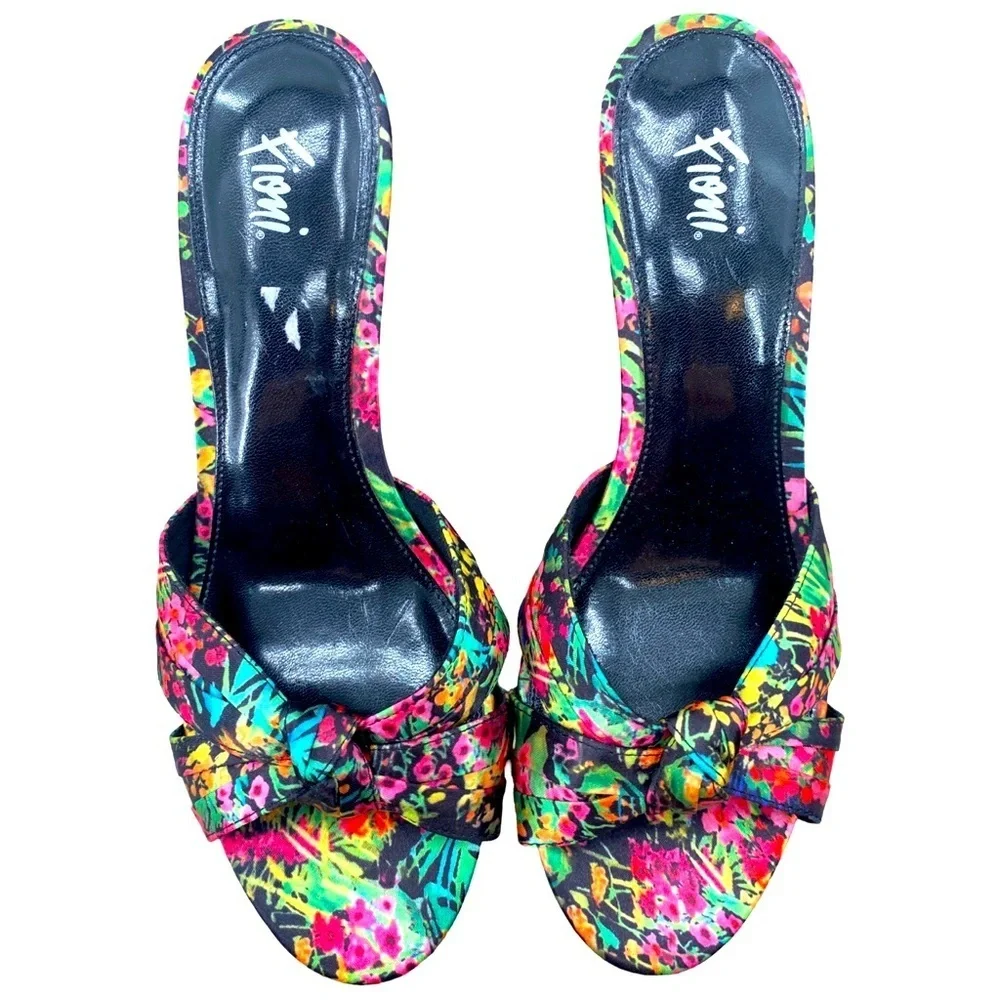 Fioni Tropical Floral Knotted Bow Open Toe Stiletto Heels Size 8 NWOT